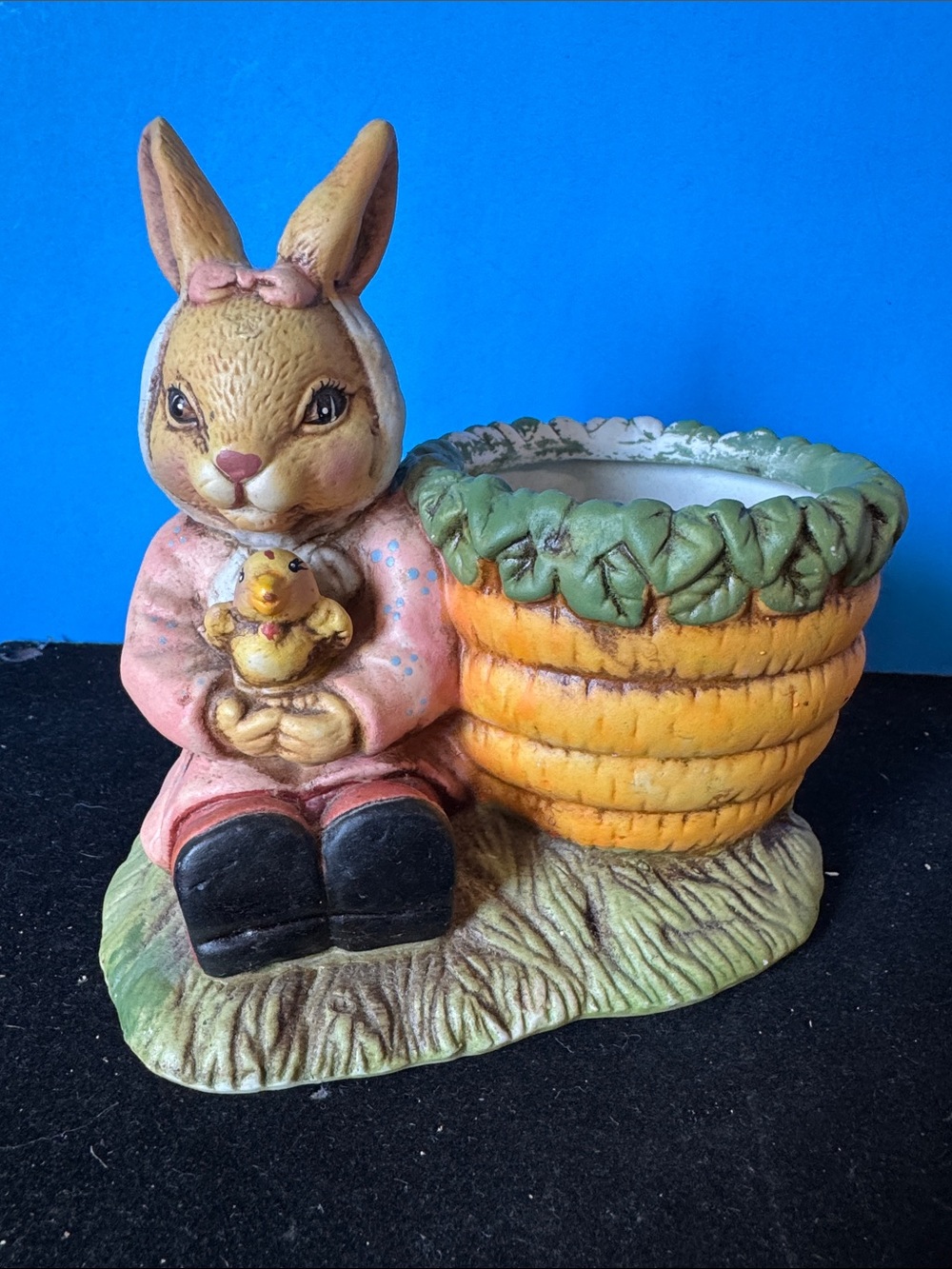 Vintage Ceramic Bunny Planter with Yellow Chick – Pink and Yellow Spring Decor
